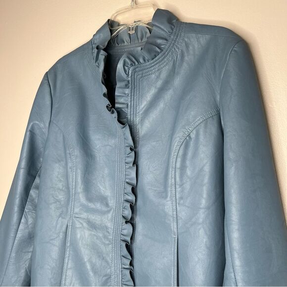Hot In Hollywood Slate Faux Leather Ruffle Cottagecore Academia Jacket Blazer L - Picture 2 of 16